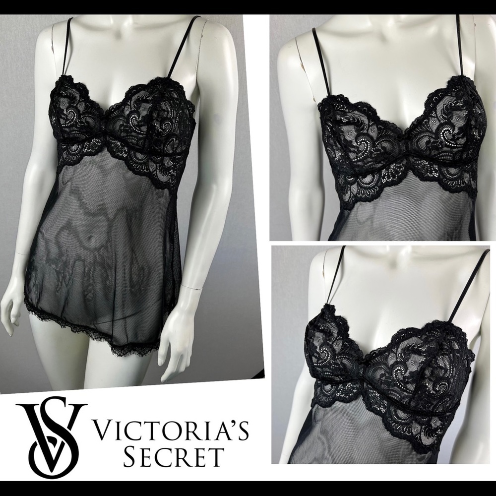 RARE VTG Vintage Victoria’s Secret VS Black Fishnet Mesh Lace Chemise Lingerie
